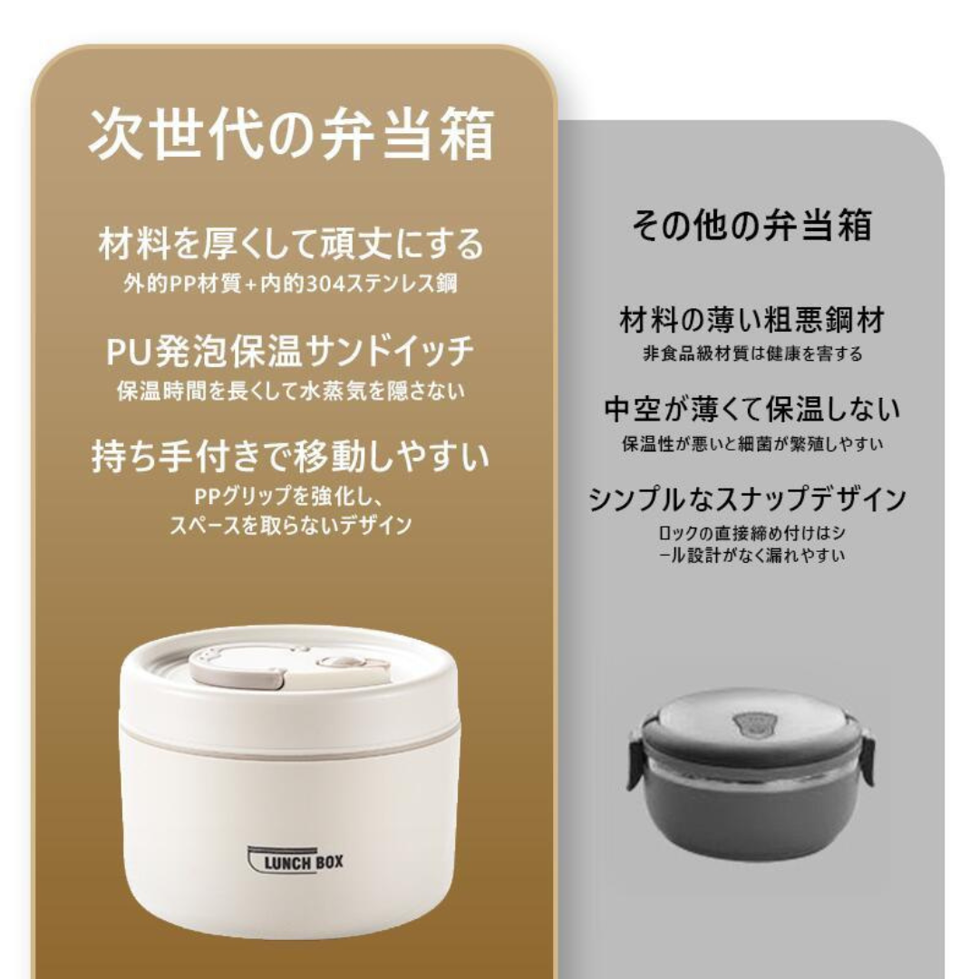 シンプルデザイン 保温ランチボックス – 304 SUS多層式 – 汁漏れしにくい 学生向け 大容量 お弁当箱