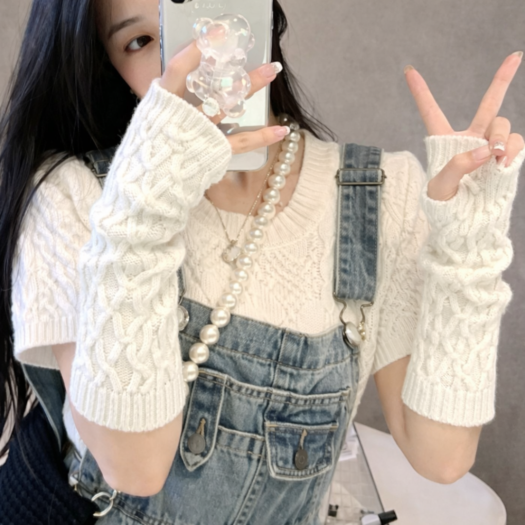 【Hey Luna】ニットアームウォーマー 手首まで暖かい 指なし手袋 フィンガーレス グローブ.